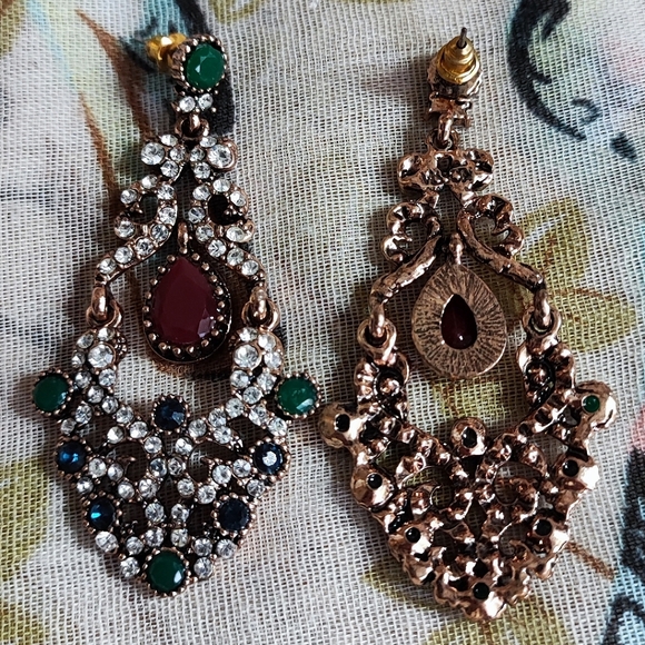 Turkish Pierced Gold Tone Pierced Earrings Emerald Sapphire Burgundy Clear Color - Picture 4 of 9